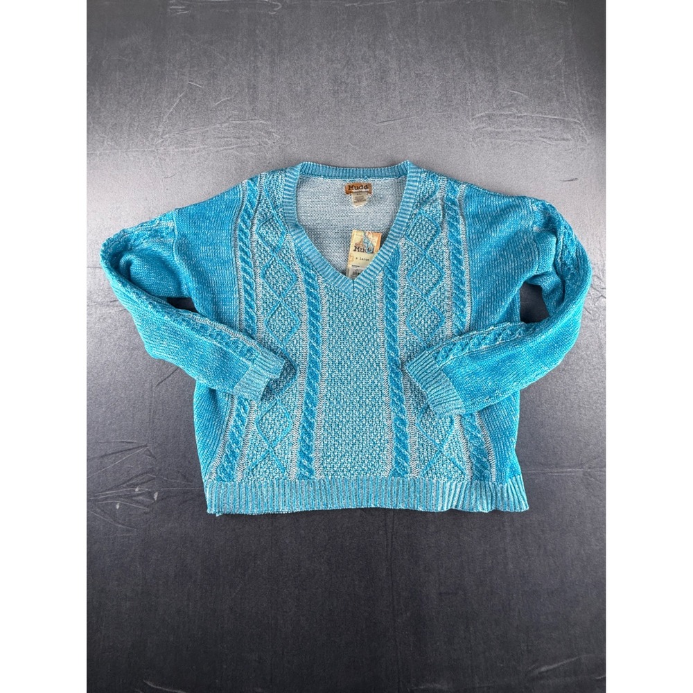 Mudd Womens XL Cropped Plaited Cable Pullover Sweater Atomic Blu V-Neck NWT Y2K